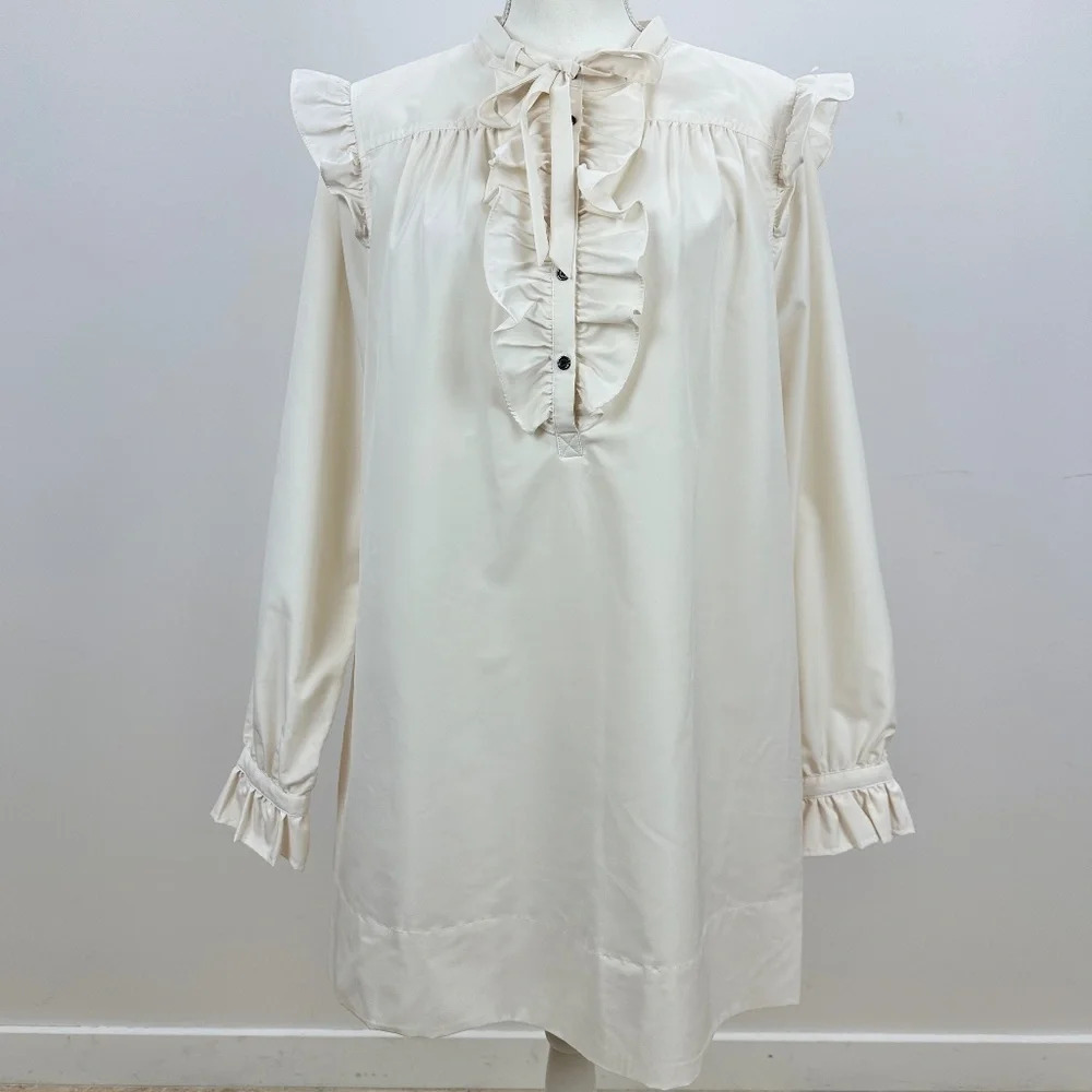 LDT Dress Womens Size 14 Romantic Ruffle Long Sleeve Collared Tie Shift Cream.
